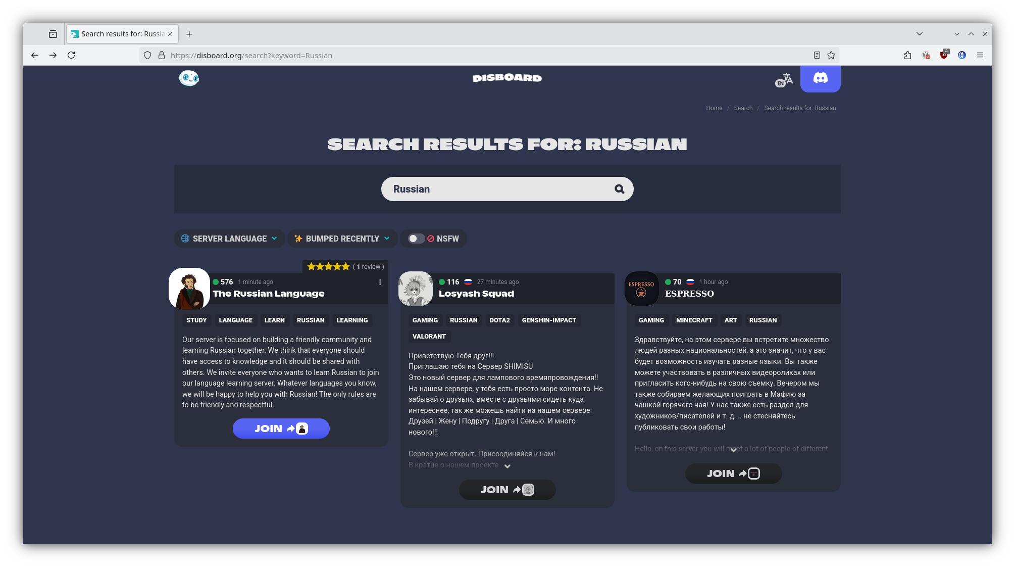 Russian communities on Disboard